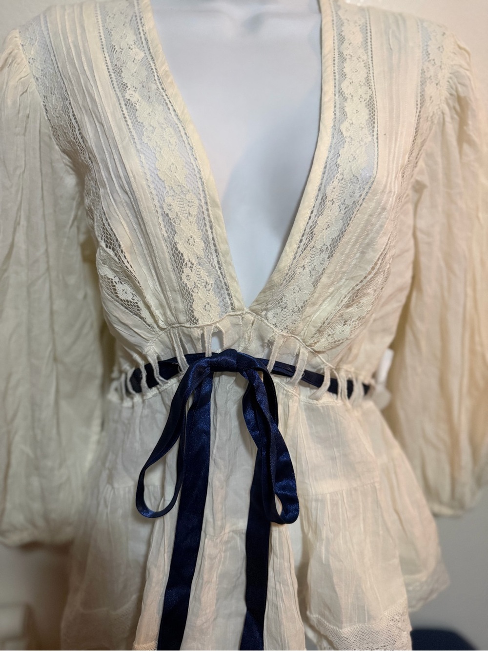 Free People Favorite Romance  Ivory Lace Peasant Blouse with Navy Ribbon - Picture 3 of 10